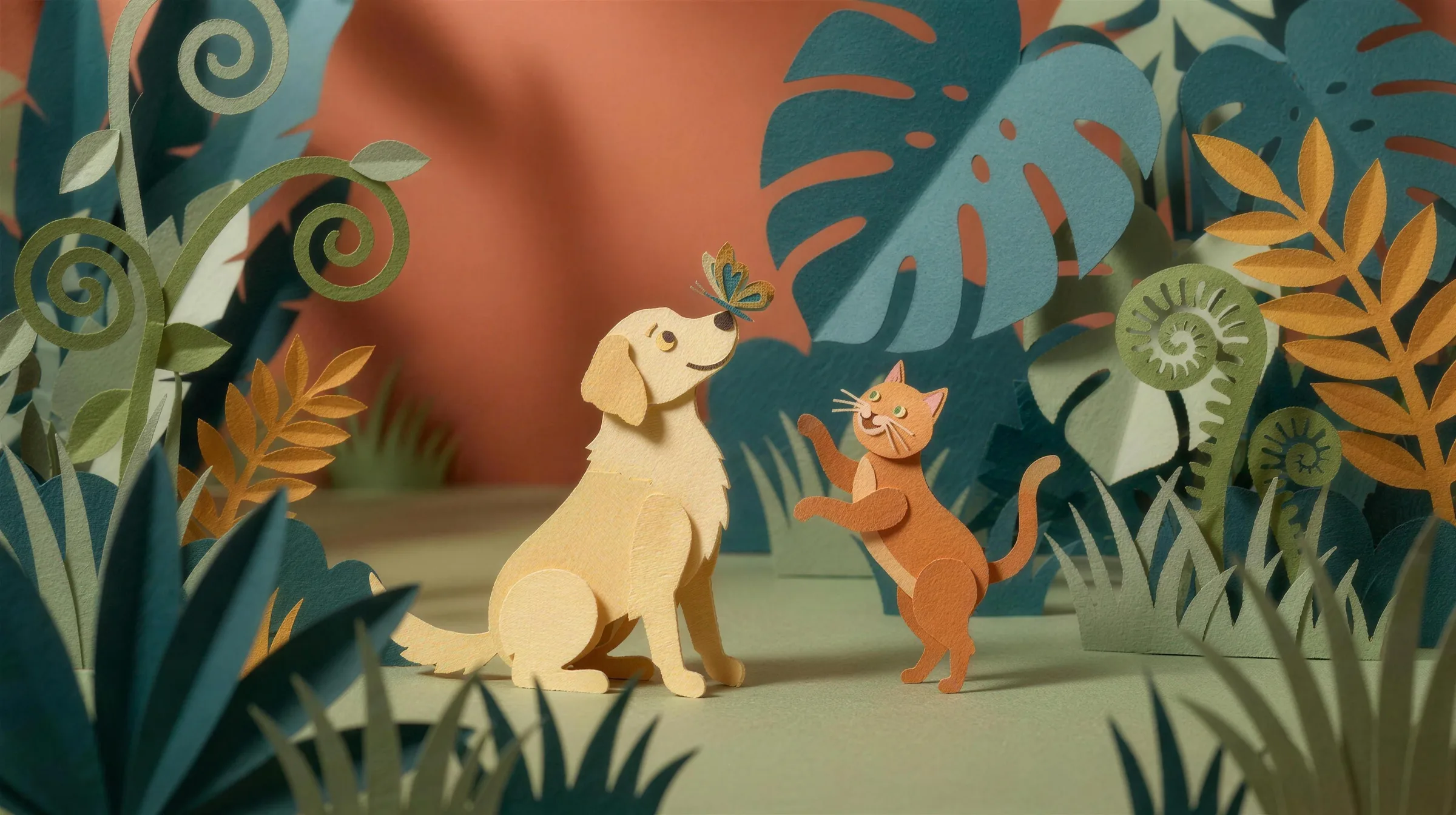 Biscuit the paper dog with a butterfly perched on his nose, Marmalade the paper cat reaching up in delight